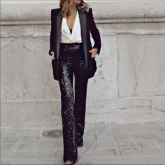 Questions? Leave A Comment Below! Black Sequin Pants Outfit, Sequins Pants Outfit, Chicago Fall, Black Sequin Pants, Sequin Flare Pants, Leather Leggings Outfit, Sheer Pants, Sequin Leggings, High Waisted Black Leggings