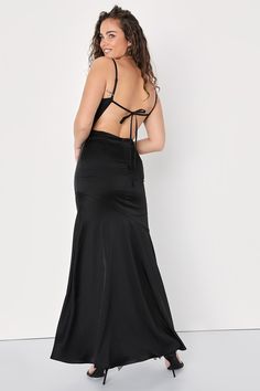 Let the flashbulbs pop and the attendees gaspâ€”you know you look amazing in the Lulus Gala Glamour Black Satin Backless Mermaid Maxi Dress! Sleek woven satin shapes this stunning dress that has adjustable spaghetti straps and a bodice with an elegant cowl neckline. Turn around to reveal an open back with a single slender tie, for sultry look that's sure to keep everyone's attention! Skirt has a mermaid-style silhouette and falls to a maxi hem. Hidden zipper/clasp at back. Fabric: Fabric has no Black Satin Dress For Night Out During Prom Season, Satin Evening Dress With Back Opening For Night Out, Fitted Bias Cut Satin Prom Dress, Backless Satin Mermaid Dress Fitted, Fitted Backless Satin Mermaid Dress, Fitted Backless Satin Prom Dress, Prom Season Satin Party Dress With Back Opening, Black Bias Cut Evening Dress For Prom, Backless Satin Mermaid Dress For Evening