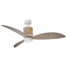 a white ceiling fan with a rope wrapped blade