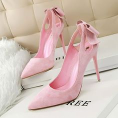 Sweet Womens Suede Pointed Stiletto Hollow Out Bow Tie High Heel Slip On Pumps Item Description Women's Shoes Size Chart US AU UK EUR SIZE Length 4.5 3 2.5 35 35 22.1-22.5CM 5 4 3 36 36 22.6-23CM 6 5 4 37 37 23.1-23.5CM 7 6 5 38 38 23.6-24CM 8 7 6 39 39 24.1-24.5CM 9 8 7 40 40 24.6-25CM 9.5 8.5 7.5 41 41 25.1-25.5CM 10 9 8 42 42 25.6-26CM 10.5 9.5 8.5 43 43 26.1-26.5CM   Notice: It may have little color difference according to different screen. Hope you can understand! Any problem, contact me fo Heels Wedding Shoes, Pink Wedding Shoes, Heels Patterns, Heels Wedding, Basic Heels, Women Heels, Suede High Heels, Wedding Shoes Heels, Womens Stilettos