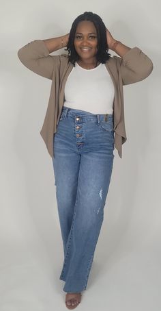 Rock a pair of high rise, wide-leg jeans with a cool crisscross waistline, raw-edge cuffs, five classic pockets, and a four-button fly! Model is wearing a size 13 (Height: 5'5", Waist: 32", Hip: 44") Stretch: Minimal Inseam: 33" Material: 99% Cotton, 1% Spandex Color: Medium Stone Casual Work Attire, Next Clothes, Rock A, Chic Woman, Work Attire, Work Casual, Raw Edge, Wide Leg Jeans, Quality Clothing