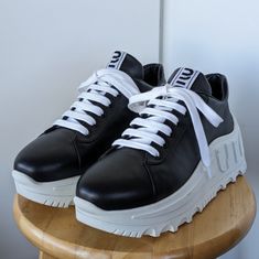 Made In Italy Genuine Leather Lowtop Black Sneakers Sells New For $850 Lightly Worn Black Leather Platform Sneakers With Lug Sole, Designer Low-top Sneakers With Lug Sole, Trendy Black Leather Custom Sneakers, Miu Miu Shoes, Black Sneakers, Womens Shoes Sneakers, Miu Miu, Shoes Sneakers, Genuine Leather