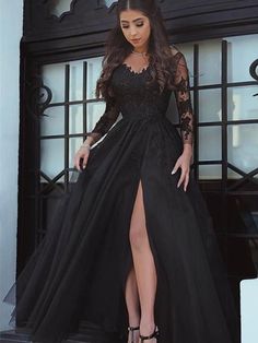 Evening Dress Long, Prom Dresses 2019, Long Sleeve Prom, Lace Prom Dress, Black Dress Formal, Black Prom, Black Evening Dresses, Lace Evening Dresses, Applique Dress