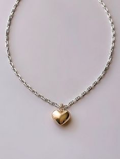 Handmade 18k Silver & Gold Filled Bubble Heart Statement Necklace ✨ The perfect layering addition to your jewelry with the details on the chain, mixture of silver and gold, and bubble heart pendant.  Necklace comes on an 18k gold filled link chain - length 18" - if shorter or longer length is desired just message me!  All 18 karat gold filled metal is hypoallergenic, nickel free, and lead free.  Handmade ethically in my home studio in Brookings, South Dakota.  Each piece is packaged in my Mandy Ellen Designs gift packaging with a polishing cloth included. Bubble Heart Necklace, Mother's Day Silver Tarnish-resistant Heart Necklace, Silver Tarnish-resistant Double Heart Necklace, Gold Heart Necklace In Sterling Silver, Silver 14k Gold Heart Pendant Necklace, Silver Heart Necklace In 14k Gold For Mother's Day, Silver 14k Gold Charm Necklace With Heart Charm, 14k Gold Heart Charm Necklace In Silver, Silver Heart-shaped 14k Gold Charm Necklace