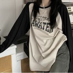 monroll - Long-Sleeve Crew Neck Lettering Raglan T-Shirt | YesStyle Raglan Shirt Outfit Aesthetic, Cute Long Shirts, Baggy Y2k Shirt, Long Sleeve Baggy Shirt, Y2k Tops Long Sleeve, Long Sleeve Oversized Shirt Outfits, Full Sleeves Outfits, Baggy Long Sleeve Tops, Oversized Long Sleeve Outfit