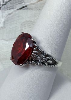 Red Garnet CZ Ring/ Filigree Sterling Silver/ 6ct Oval Cut Cubic Zirconia Gemstone Ace Gothic Leaf Motif [Custom Made] Design#92 Aqua Gemstone, Star Garnet, Mystic Topaz, Favorite Rings, Red Garnet, Topaz Ring, Quince