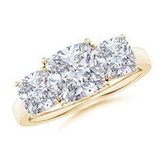 three stone diamond ring in yellow gold with diamonds on the sides and four stones at each side