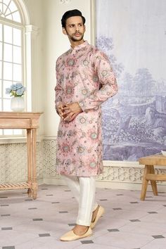 Pink full sleeves kurta crafted in georgette with all over floral bloom embroidery and tonal sequin highlights. Paired with a pant. - Aza Fashions Bloom Embroidery, Men Kurta, Kurta With Pants, Pink Sequin, Full Sleeves, Mandarin Collar, Aza Fashion, Full Sleeve, Mens Pants