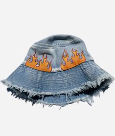 Adjustable distressed denim bucket hat. Featuring hand painted flame details. One of a kind. Unisex. Cheap Letter Print Bucket Hat, Cheap Outdoor Bucket Hat With Letter Print, Distressed Blue Hat For Summer, Adjustable Distressed Bucket Hat For Summer, Faded Cap Hat For Summer, Summer Distressed Adjustable Bucket Hat, Summer Denim Bucket Hat, Casual Distressed Adjustable Bucket Hat, Casual Adjustable Distressed Bucket Hat