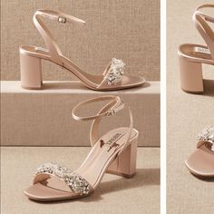 a pair of women's high heeled sandals with jewel embellishments