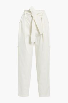 Tapered pants twill cotton-blend detachable waist tie two side patch pockets two back patch pockets two front patch pockets partially elasticated waist high-rise cut concealed hook, button and zip fastening at front non-stretchy fabric mid-weight fabric dry clean made in italy | RED Valentino Belted cotton-blend twill tapered pants Luxury Chino Cotton Twill Pants With Belt Loops, Luxury Casual Pants With Elastic Side Panels, Luxury Cotton Boyfriend Fit Pants, Luxury Pants With Elastic Side Panels, Luxury Solid Pants With Belt Loops, Luxury Beige Pants With Elastic Waistband, Luxury Tapered Leg Khaki Bottoms, Luxury Elastane Pants With Elastic Waistband, Luxury Modern Pants With Elastic Waistband