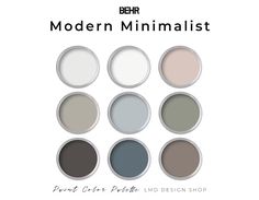 the behr modern minimalist paint palette is shown in various shades and sizes, including gray