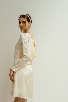 Audrey Satin Open Back Mini Dress Short Wedding Dress With - Etsy Vietnam Elegant Backless Dresses For Wedding Night, Elegant White Backless Dress With Ruched Back, Wedding Backless Dress With Tie Back, Fitted Backless Cowl Back Dress For Wedding, Elegant Wedding Dress With Cowl Back, Elegant Tie Back Dress For Wedding Night, Elegant Long Sleeve Dress With Keyhole Back, Elegant Tie Back Wedding Dress, Elegant Tie-back Wedding Dress