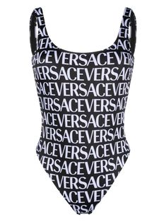 black/white all-over logo print scoop neck low back sleeveless full lining stretch-design Be mindful to try on swimwear over your own garments. Versace Swimsuit, Versace Design, Bandage Bathing Suit, Versace Print, Black One Piece Swimsuit, Costume Intero, Print Swimsuit, Black Swimsuit, Bra Styles