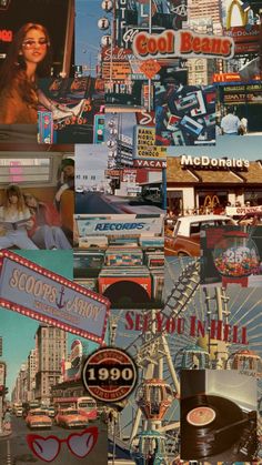 collage of various images including signs, buildings and ferris wheel in the middle one has a woman's face on it