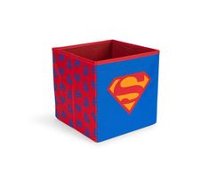 a red and blue box with a superman symbol on it's side, sitting in front of a white background