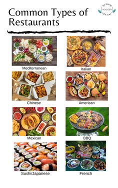 the different types of food are shown in this graphic above it's title, common types of restaurants