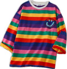 Kawaii Rainbow, Loose Long Sleeve, Pink Top, Rainbow Stripes, Pink Tops, Vintage Tshirts, Ulzzang, Harajuku, Casual Women