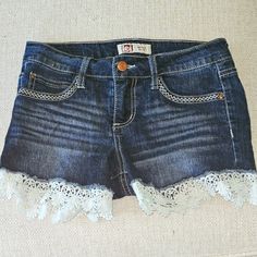 Never Worn, Didn't Fit Me. Would Fit A Xs-S Fitted Casual Shorts With Lace Trim, Low Rise Jean Shorts, Neon Shorts, American Flag Shorts, Low Rise Jean, Blue Overalls, Workwear Jeans, 7 Jeans, Low Rise Shorts