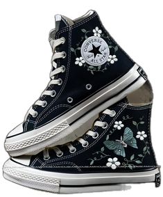 Butterfly Converse, Custom Converse High Tops, Embroidery Fall, Embroidered Converse, High Top Chucks, Custom Converse, Autumn Flowers, Embroidered Shoes, Flowers Design