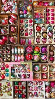 many different types of ornaments are in boxes