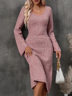 Marled Knit Scoop Neck Sweater Dress Brown Casual  Long Sleeve Knitwear Plain  Slight Stretch Fall/Winter Women Clothing, size features are:Bust: ,Length: ,Sleeve Length: Flare Sleeve Sweater, Knitted Dresses, Sweater Dresses, Cardigan Sweater Dress, Sweater Dress Women, Women Sweater, Knit Sweater Dress, Affordable Clothes, Online Clothing Stores