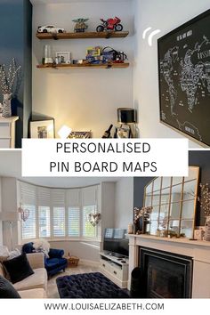 a living room filled with furniture and a fire place next to a chalkboard map