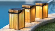 three lamps sitting on the edge of a swimming pool in front of grass and water