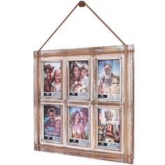 a wooden frame with six pictures hanging from the front and sides, on a white background