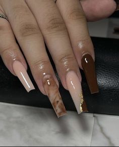 Brown Encapsulated Nails, Winter Color Acrylic Nails, November Long Nails, Professional Office Nails Classy, Brown Medium Nails, French Tip Nails Baddie, Fall Baddie Nails Brown, Brown Nails Design Coffin, Brown Square Nails Design