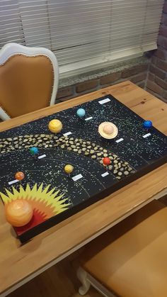 a wooden table topped with a solar system on it's surface next to a white chair