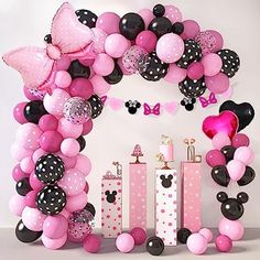 minnie mouse balloon arch with pink and black balloons