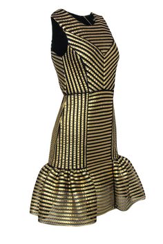 This Maje dress is the perfect holiday party look! Its loud gold and black mini stripes will make sure you stand out in a crowd, and the flounce hem adds a touch of chic. Get ready to throw the most festive holiday bash ever! Size 4 ( 1) Shell 100% Polyester Lining 85% Viscose, 28% Polyamide, 4% Elastane Exposed back zipper Sleeveless Flounce hem Bust 34" Waist 26" Shoulder to hem 37.5"