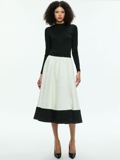 Chara Turtleneck Long Sleeve Full Flare Midi Dress In Off White/black Flare Midi Dress, Button Outfit, Fitted Turtleneck, Turtleneck Long Sleeve, Tweed Dress, Exposed Zipper, Sweaters And Leggings, After Hours, Long Sleeve Midi