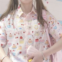 Aesthetic Clothes Vintage, Cute Tops For Teens, Sleeve Aesthetic, Tops For Teens, Fresh Strawberry Cake, Summer Cartoon, Teen Shorts, Cake Printing, Y2k Summer