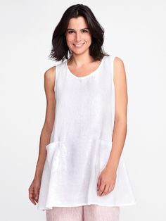 Tank Tunic by FLAX Spring Sleeveless Tops With Side Pockets, Sleeveless Spring Tops With Side Pockets, Sleeveless Summer Tops With Side Pockets, Sleeveless Linen Tank Top For Daywear, Spring Sleeveless Tunic, Summer Cotton Tunic With Pockets, Summer Linen Dress With Side Pockets, White Sleeveless Linen Dress With Pockets, Casual Linen Tank Top For Daywear