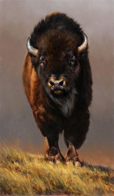 an oil painting of a bison standing on top of a grass covered hill in front of a gray sky