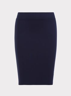 A thick ponte knit skirt stretches and smoothes while maintaining its shape. Ponte fabric. Thick elasticized waist. Banded trim. Vented back. Pencil skirt silhouette. CONTENT + CARE: Rayon/nylon/spandex. Wash cold; line dry. Imported plus size skirt. SIZE + FIT: Model is 5'9”, size 1. Size 2 measures 25. 75” from waist to hem. The best plus size women's midi studio luxe ponte pencil skirt skirts in blue made of studioponte. These dressy clothes and work-wear, office-wear, career-wear, and busine Stretch Elastane Skirt In Solid Color, Stretch Elastane Mini Skirt With Lining, Stretch Elastane Lined Mini Skirt, Short Stretch Elastane Skirt, Stretch Elastane Short Skirt, Mini Pencil Skirt Lined In Elastane, Lined Elastane Pencil Skirt, Stretch Mini Skirt For Work, Classic Fitted Pencil Skirt