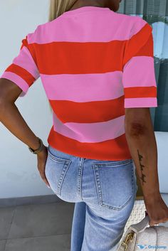 OrcaJump - Pink Colorblock Striped Knitted Tee with Vibrant Hue Knitted Tee, Red Season, Hot Picks, Striped Sleeve, Style Elegant, Bright Pink, Red Color, Pink Color, Best Sellers