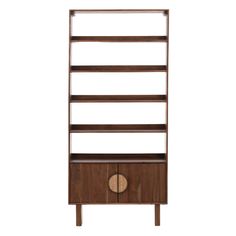 the shelving unit is made from wood and has two drawers, one with an open door