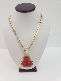 "Buddha Red Jade Elegant Gold-Plated Necklace Brand New Chain Size 15\" Please check my other items for sell" Red Pendant Chain Jewelry, Red Pendant Necklace With Chain, Gift Red Chain Necklace With Gold Chain, Red Gold Chain Necklace For Gifting, Gift Red Gold Chain Necklace, Red Jade, Necklace Brands, Gold Plated Necklace, Gold Gold