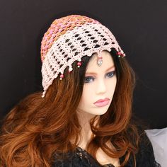 This skull lace festival beanie hair cover would compliment a goth fairy costume, a renfaire costume, a mermaid costume, or pixie outfit, or even an everyday look. Versatile and pretty, it has gemstone beads, white turquoise skulls, and a rhinestone skull with a pink bow on top. Perfect for a summer day or year-round. A little bit of renaissance with a modern twist, this will add a touch of delicate feminine mystery and grace. Made from hand dyed cotton, silk, viscose, linen, and luxury microfib Adjustable Punk Costume Hats And Headpieces, Adjustable Punk Style Costume Hats And Headpieces, Gothic Winter Festival Hats, Handmade Summer Festival Headpieces, Pink Crochet Beanie For Festivals, Bohemian Beaded Festival Headband, Bohemian Festival Headband One Size, Festival Bead Caps Headpiece, Adjustable Pink Crochet Hat For Festivals