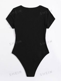 SHEIN EZwear Black Mock-Neck Rib-Knit Bodysuit | SHEIN USA Black Short Sleeve Bodysuit With Scoop Neck For Summer, Black Scoop Neck Short Sleeve Bodysuit For Summer, Casual V-neck Bodysuit For Loungewear, Casual Fitted Short Sleeve Cotton Bodysuit, Casual Cotton Fitted Short Sleeve Bodysuit, Casual Cotton Short Sleeve Fitted Bodysuit, High Stretch Casual Summer Bodysuit, Casual Fitted Cotton Bodysuit, Casual Cotton Bodysuit With Letter Print