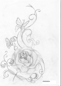 a pencil drawing of a rose with butterflies on it's side and the word love