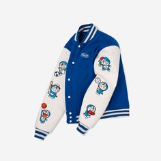 - Wool Varsity Jacket with Leather sleeves - Embroidery on front & back - Ribbed Cuffs - Snap enclosure - Embroidered Patches on sleeves - Woven Neck Label In Collaboration with Doraemon ©1970-2021 Fujiko Pro Spring Embroidered Cotton Varsity Jacket, Varsity Outerwear With Embroidered Baseball Collar, Embroidered Long Sleeve Varsity Jacket For College, Blue Long Sleeve Outerwear With Embroidered Graphics, Winter Embroidered Outerwear With Baseball Collar, White Embroidered Varsity Jacket For College, White Embroidered Varsity Jacket For Spring, Embroidered Fitted Outerwear For College, White Embroidered Patch Long Sleeve Outerwear