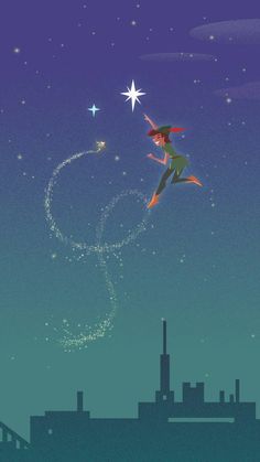 a cartoon girl flying through the air with a star above her head and stars in the sky