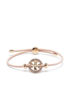 rose pink calfskin logo charm crystal embellishment pavé setting gold-tone hardware sliding knot fastening Gold Bracelet Stack, Gold Bracelets Stacked, Jewelry Wishlist, Upscale Fashion, Slider Bracelet, Rose Gold Charms, Jewelry Accessories Ideas, Accessories Ideas, Tory Burch Miller