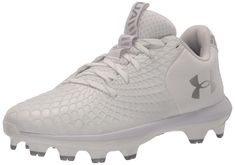 the under armour football shoe is white and has grey accents on the upper part of the shoe