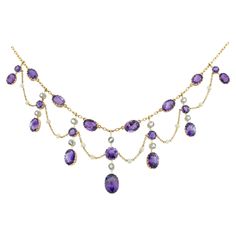 An Edwardian amethyst, diamond and pearl fringe necklace, consisting of seven bars graduating from the centre, five bars each set with two old European-cut diamonds and two amethysts, the two smaller bars each set with two amethysts, all bars suspended from a gold chain set with six oval amethysts and the bars connected with gold chain swags embellished with seed pearls, the diamonds estimated to weigh approximately ¾ carat in total, mounted in silver and rose gold, to cylindrical clasp, marked Luxury Lavender Necklaces With Natural Stones, Pearl Fringe, Diamond Knot, European Jewelry, Diamond Cluster Earrings, Pearl And Diamond Earrings, Purple Sapphire, Fringe Necklace, Jewellery Shop