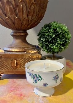 a white candle sitting on top of a table next to a potted plant